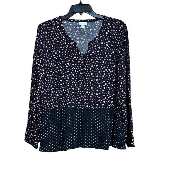 J Jill Top Womens Medium Multicolor Floral Print Split Neck Rayon Blouse - Picture 1 of 9